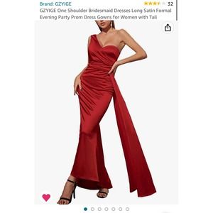 One Shoulder Long Satin Dress with Tail, Red, Medium, New